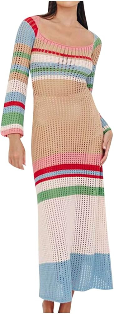 tuduoms Women's Square Neck Sweater Dress Long Sleeve Hallow out Knit Stretch Maxi Bodycon Dresse... | Amazon (US)