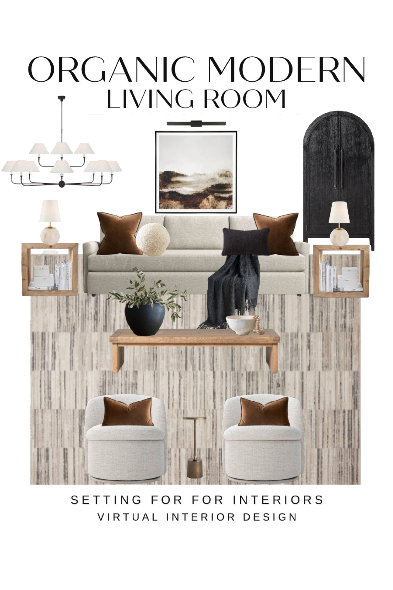 Organic Modern Living Room - curated design. Furniture, lighting, rug and decor ideas.

Neutral, natural, sofa, coffee table, coffee table decor, wood, Beige, brown , black, white, earthy, transitional, farmhouse, black cabinet, arch, wall art, landscape, Loloi rug, swivel chairs, end tables, vase, olive stems, accent pillows, Amazon home, Amazon finds, founditonamazon, Studio McGee, new, budget, affordable, family room, great room, chandelier, pendantt

#LTKhome #LTKMostLoved #LTKfindsunder50