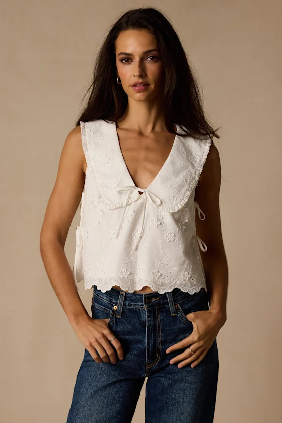 Shani White Embroidered Collared Tank Top | Lulus