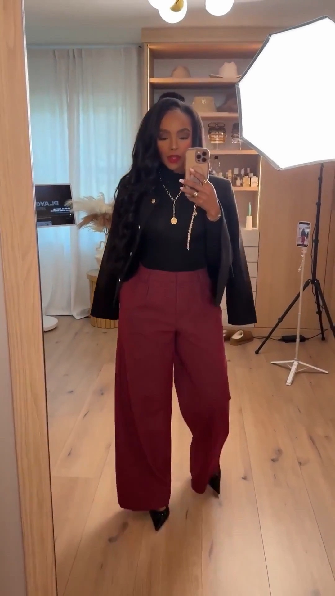 ✨ Polished with a Modern Edge

This elevated neutral-meets-burgundy look strikes the perfect balance between powerful and wearable. A sleek fitted top paired with tailored wide-leg trousers creates a clean, elongating silhouette, while the structured blazer draped over the shoulders adds effortless polish. These are the kind of versatile pieces you can restyle endlessly, making the cost per wear drop fast over time.

Perfect for:
• Workdays
• Meetings
• Dinner plans
• Holiday gatherings
• Elevated everyday wear

📏 Sizing:
Top: Small
Bottoms: 4 Long
Blazer: Small

Measurements:
5’4” · 138 lbs · 34D · 27” waist · 40” hips

Tap to get details.

Burgundy trouser outfit inspiration, tailored wide-leg pants styling, polished workwear looks, chic neutral outfits, elevated everyday style with modern staples.

Follow me on Instagram and YouTube @kirasfashionfinds

