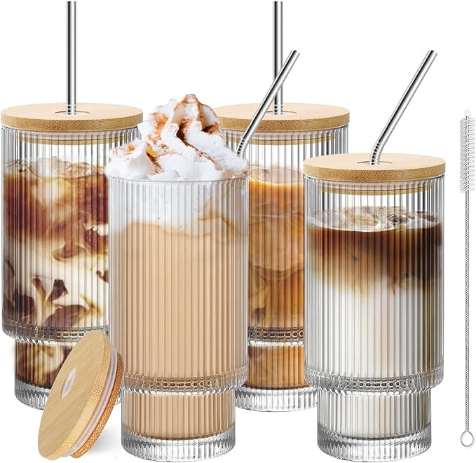 Glass Cups with Lids and Straws 4 Pcs, 16 oz Iced Coffee Cups with lids, Ribbed Glassware Drinkin... | Amazon (US)