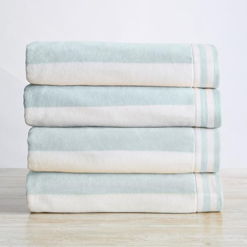 Great Bay Home 100% Cotton Velour 4 Pack Beach Towels - Blue Cabana Stripe Pool Towels - Quick Dr... | Amazon (US)