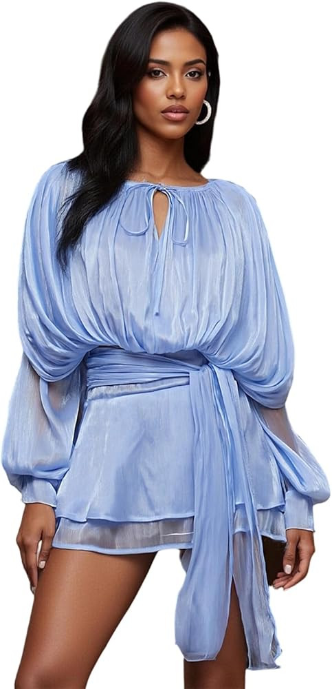 Women's Long Lantern Sleeve Ruffle Mini Dress Tie-up Front Solid Color Pleated Party Short Flowy ... | Amazon (US)