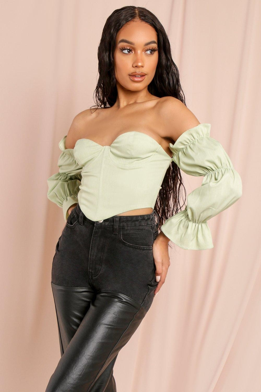 Puff Sleeve Bardot Corset Crop Top | Miss Pap UK
