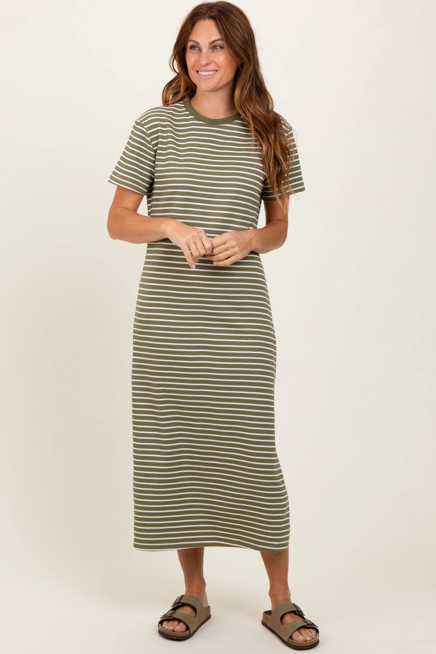 Olive Striped Short Sleeve Side Slit T-Shirt Midi Dress | PinkBlush Maternity