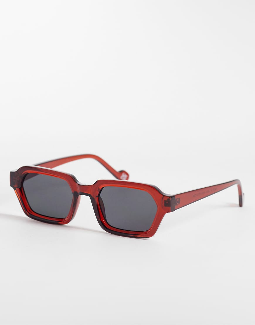 ASOS DESIGN rectangle sunglasses in burgundy frame with smoke lens-Red | ASOS (Global)