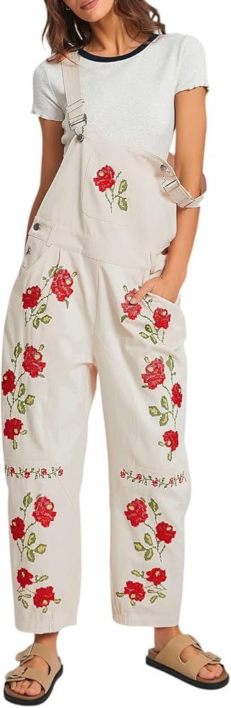 Kedera Floral Denim Overalls for Women Loose Fit Embroidered Jean Denim Bib Jumpsuit Barrel Pants... | Amazon (US)