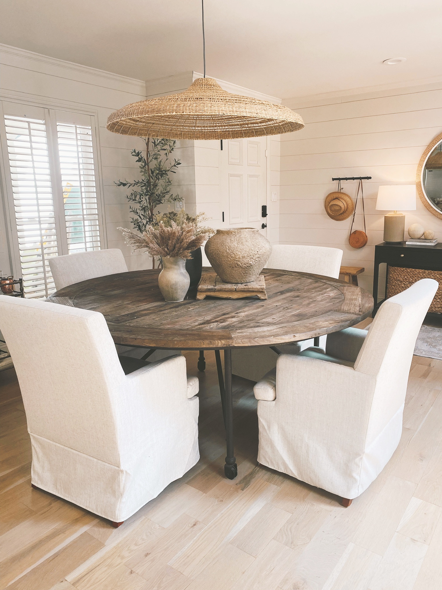Dining room decor, dining room table, dining room inspo, open concept living, round dining table, upholstered dining chairs, target studio McGee, woven light fixture, entryway decor 

#LTKSeasonal #LTKhome #LTKstyletip
