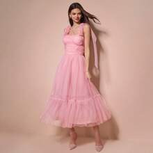 Autumn/Winter Romantic Women's Pink 3D Flower Decor Maxi Length Sweetheart Elegant Ruffle Hem Mesh Princess Dress,For Halloween&Christmas Party | SHEIN