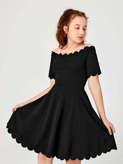 SHEIN Teen Girls Off Shoulder Scallop Trim Flare Hem Dress SKU: sk2106303720146681(100+ Reviews)$... | SHEIN
