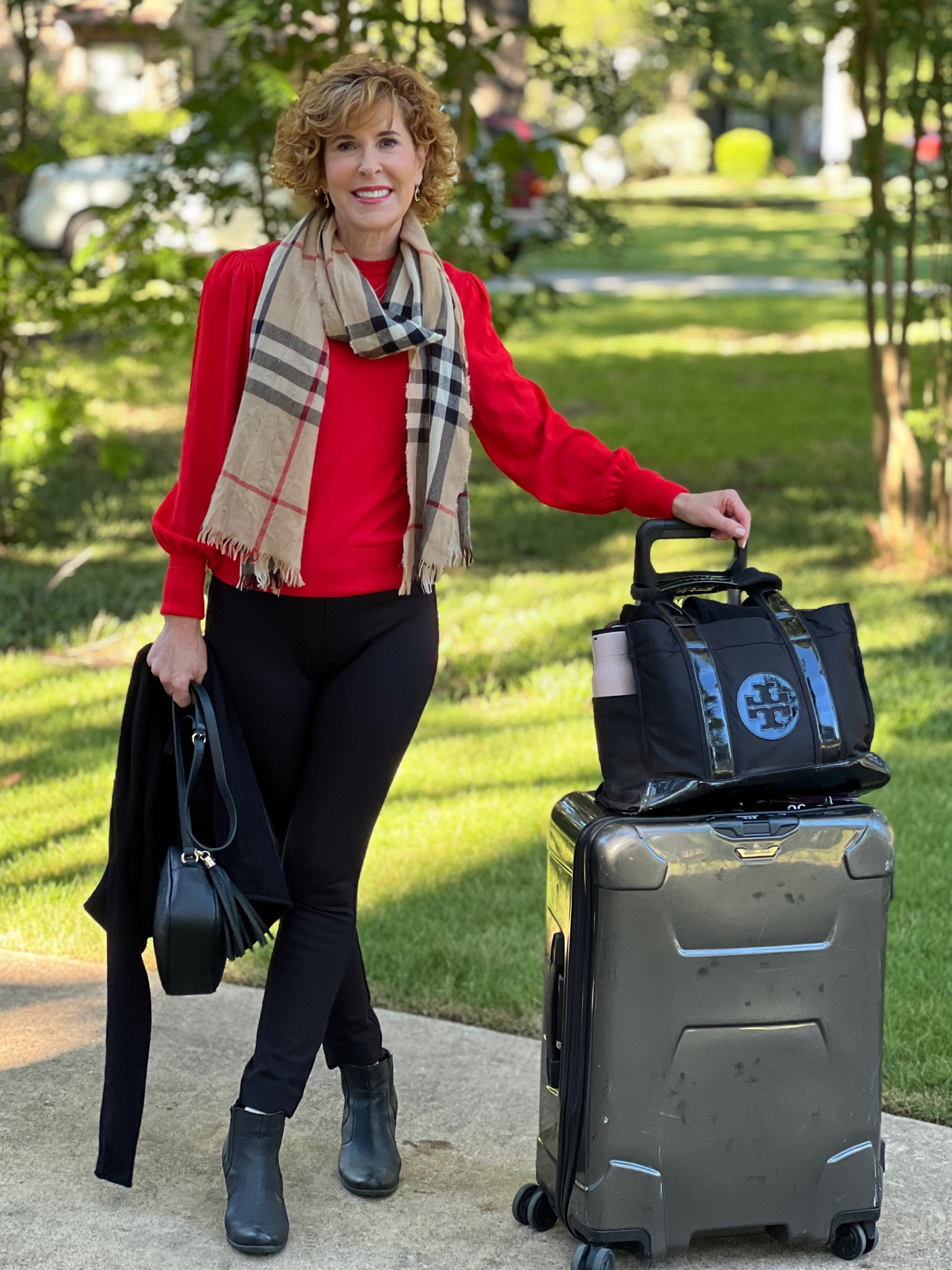 Travel outfit, fall outfit, fall sweater, puff sleeve sweater, red sweaterblack pants. Tory Burch tote, luggage,  Burberry scarf, black crossbody, black earrings, black necklace

This puff sleeve crew neck sweater is the absolute best quality item I’ve ever ordered from Amazon! I own it in 3 colors! I paired it with Spanx Perfect Pants in black, black booties, and a Burberry scarf for a classic travel look.

It’s chilly where I’m headed, so I also brought a black cashmere duster to keep me warm & cozy!

#LTKstyletip #LTKSeasonal #LTKtravel