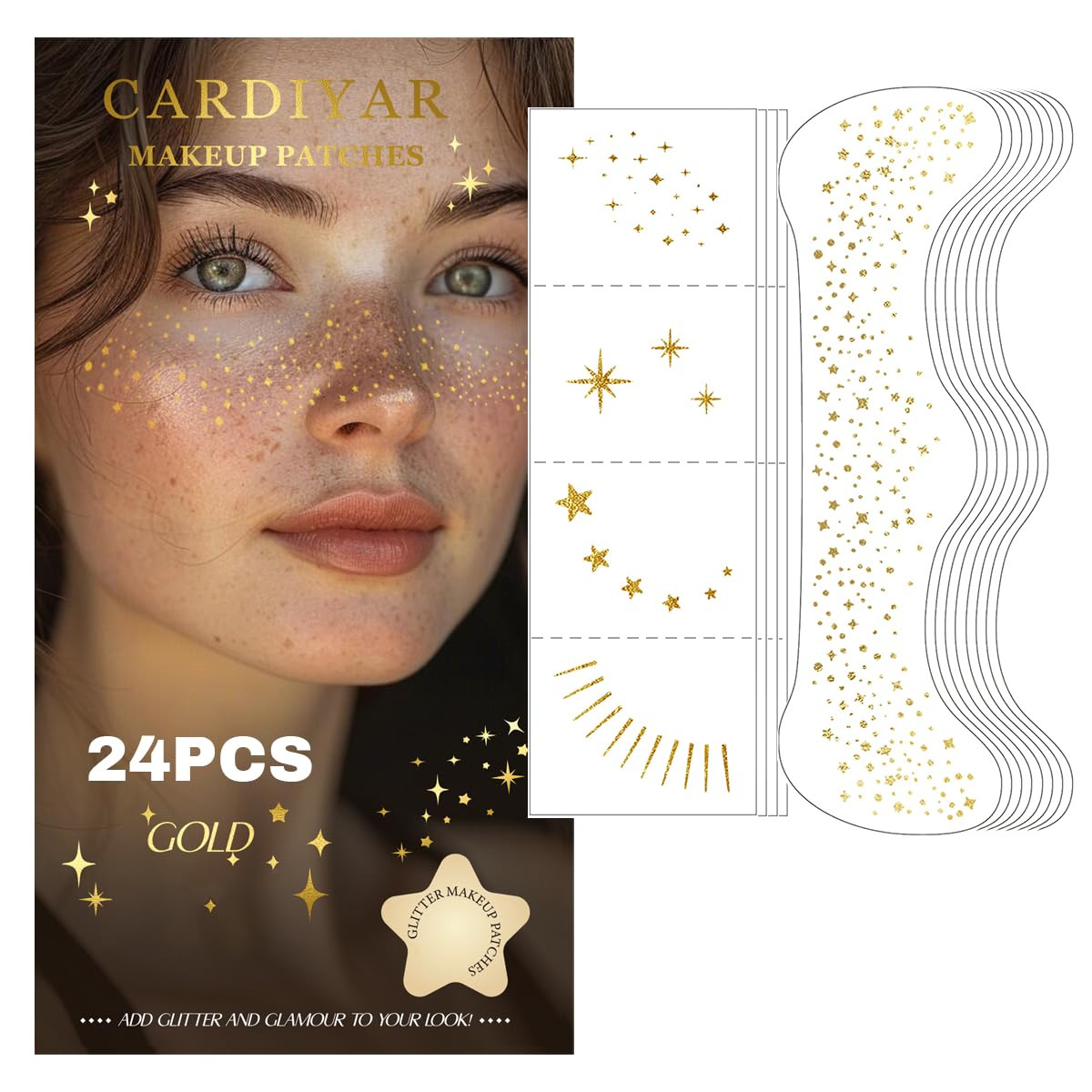 Glitter Freckles, 24PCS Glitter Freckles Face Tattoo, Sparkle Freckles for Women, Waterproof Gold Temporary Face Tattoos Glitter Glow Up Patches Makeup Patches Mardi Gras Festival (Gold) | Amazon (US)