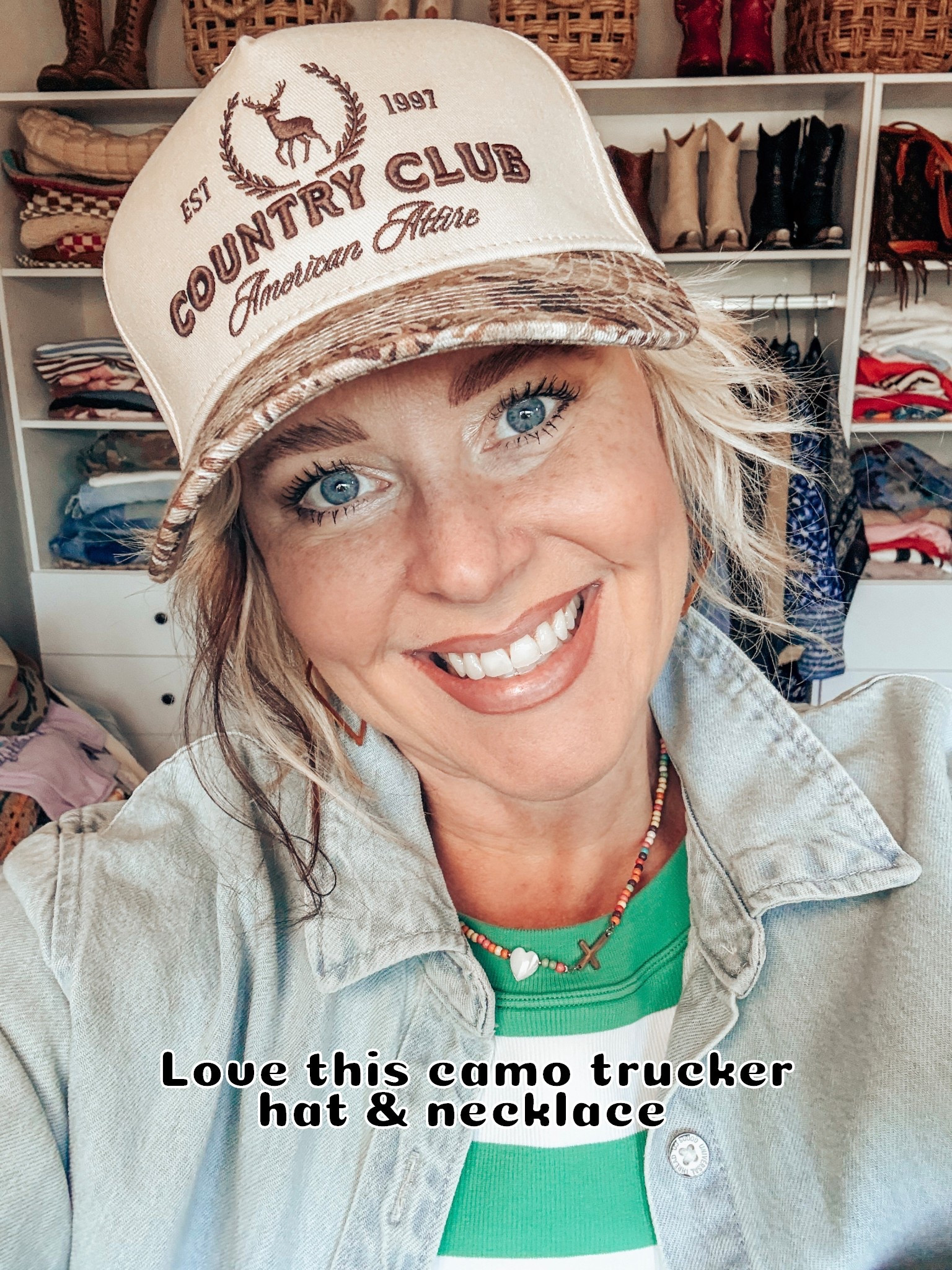 Love this trucker hat and necklace from Amazon! 
Green striped tank - M 
Chambray top - M

#LTKStyleTip #LTKOver40 #LTKFindsUnder50