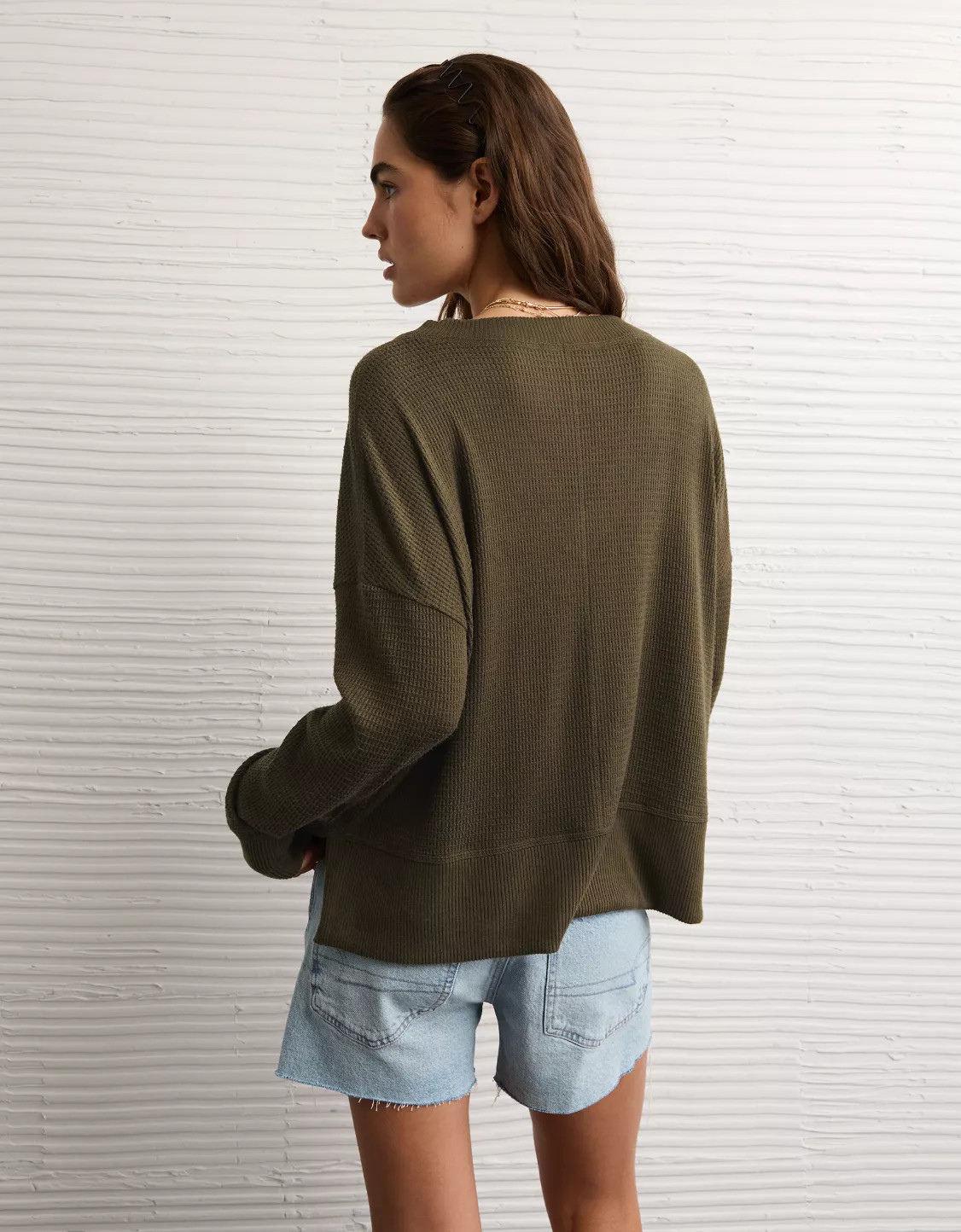 AE Long Sleeve Plush V-Neck Top | American Eagle Outfitters (US & CA)