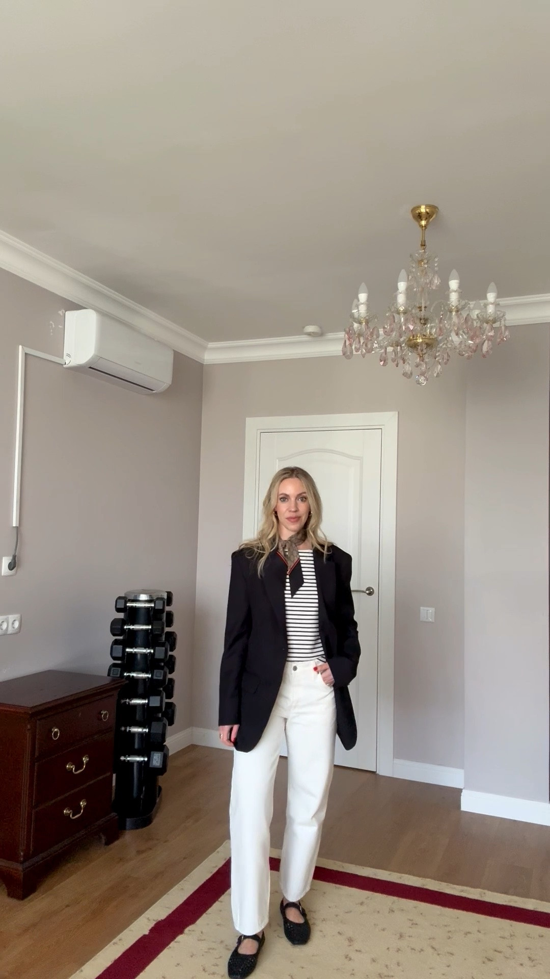 Business casual outfit, oversized black blazer, striped top, Gucci silk scarf, @levi white baggy jeans, mesh ballet flats

#LTKWorkwear #LTKSeasonal #LTKOver40