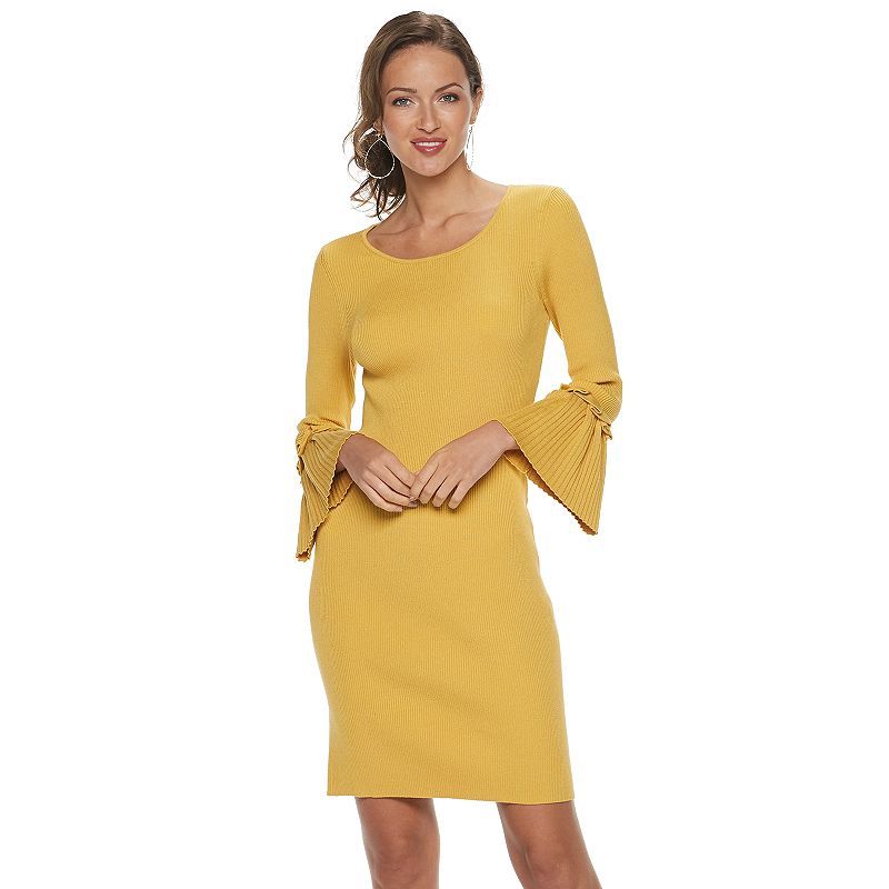 Women's Nina Leonard Bell Sleeve Ribbed Sweater Dress, Size: Medium, Yellow | Kohl's