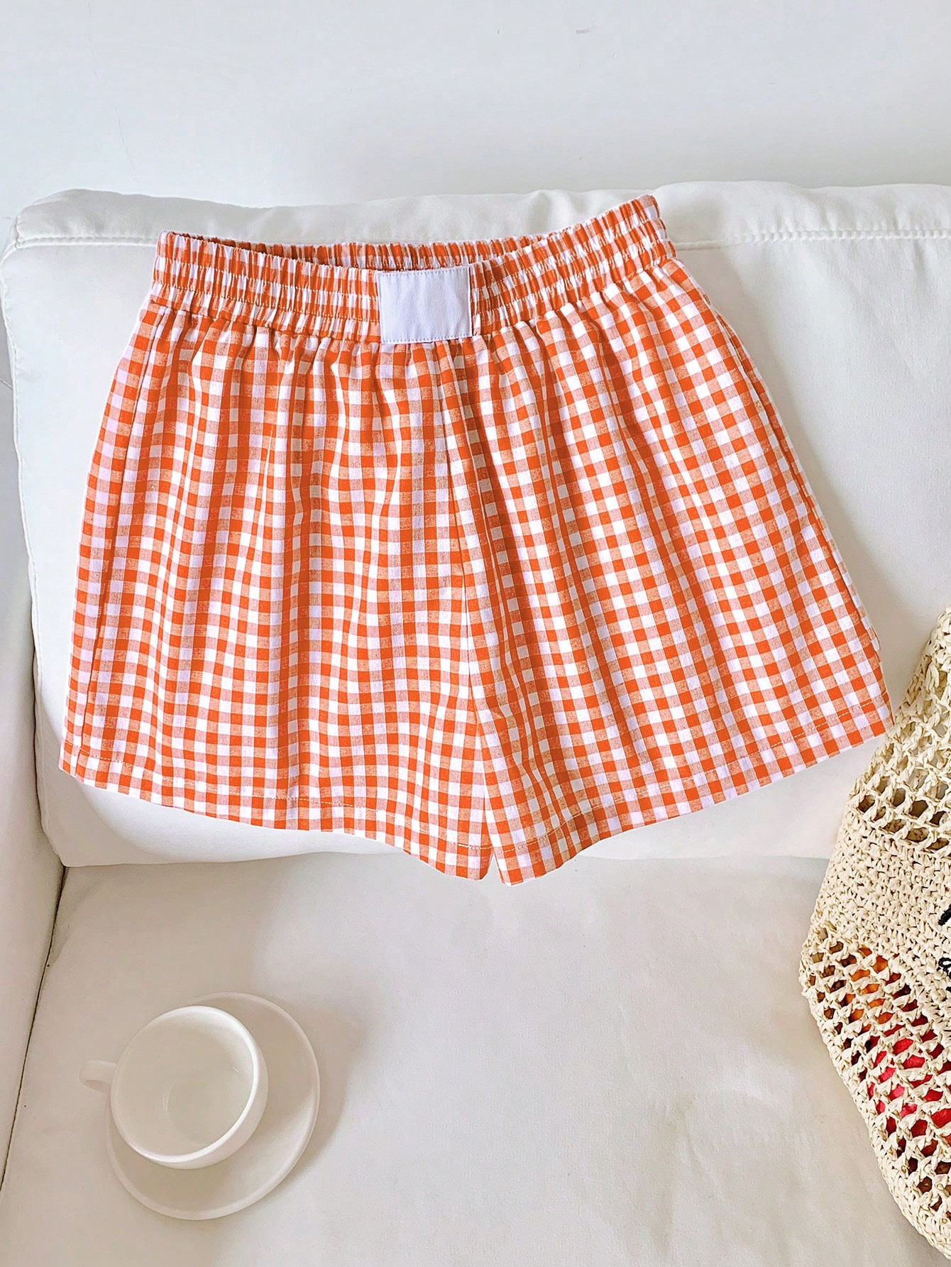 SHEIN EZwear Orange Woven Plaid Casual Women's Summer Shorts | SHEIN