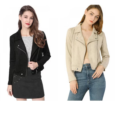 INSPIRE CHIC Women's Zip Up Faux Suede Biker Moto Jacket 2 Packs Black/Beige Medium | Target