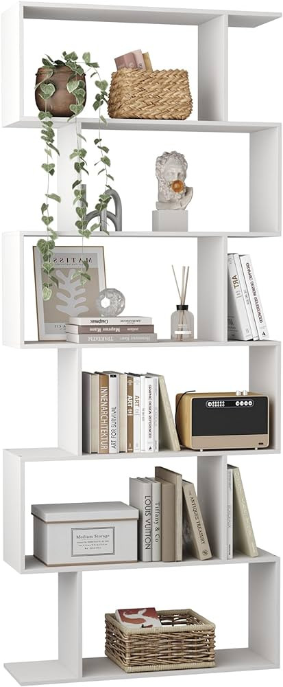 Yusong S Shaped Bookshelf, Modern Geometric Bookcase, 6-Tier White Display Case Book Shelf | Amazon (US)