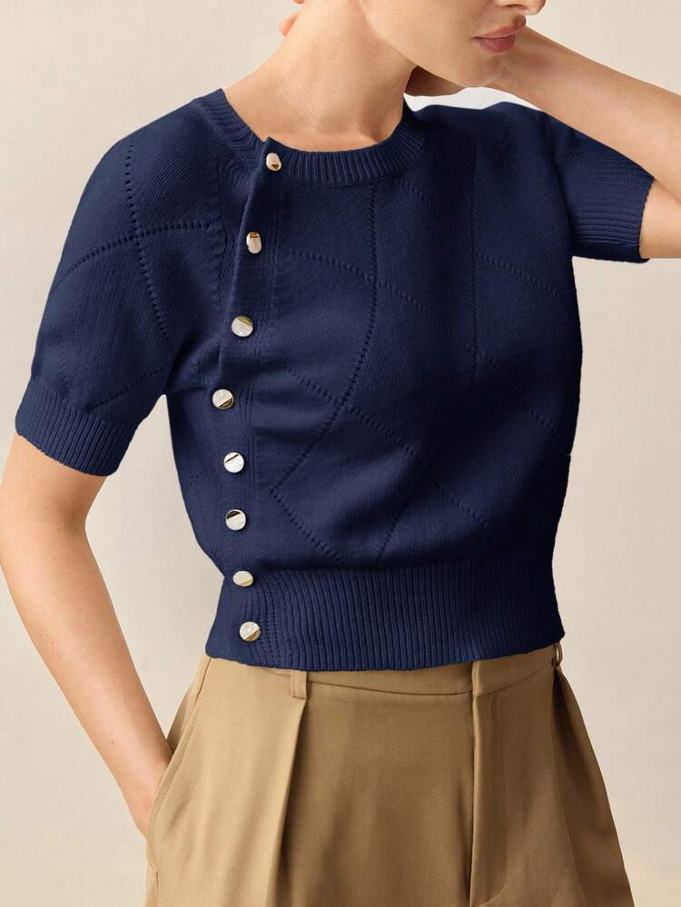 BizChic 2025 Autumn Women's Solid Color Round Neck Short Sleeve Single-Breasted Knit Top, Busines... | SHEIN