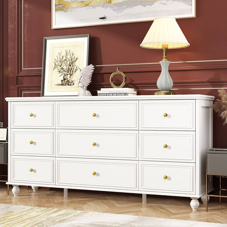 FAMAPY Chest of Drawers White Dresser, 9 Drawer Dresser Modern Chest Dresser with Gold Metal Handles, Wooden Legs, Large Contemporary Dresser (63”W x 15.7”D x 31.5”H) | Amazon (US)