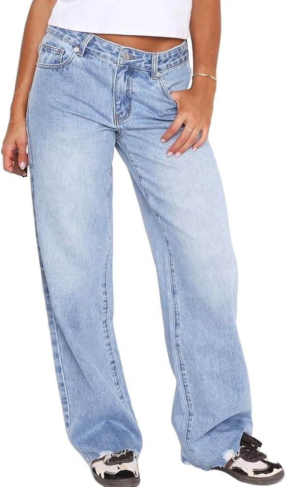 Women's Baggy Mid Low Waist Jeans Wide Straight Leg Loose Boyfriends Denim Jeans | Amazon (US)
