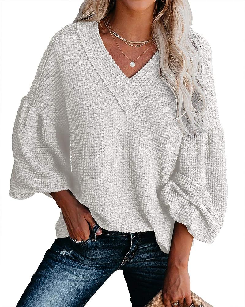 Womens Casual Waffle Knit Shirts Tunic Tops Oversized Sherr V Neck Balloon Sleeve Sweaters Sheer ... | Amazon (US)