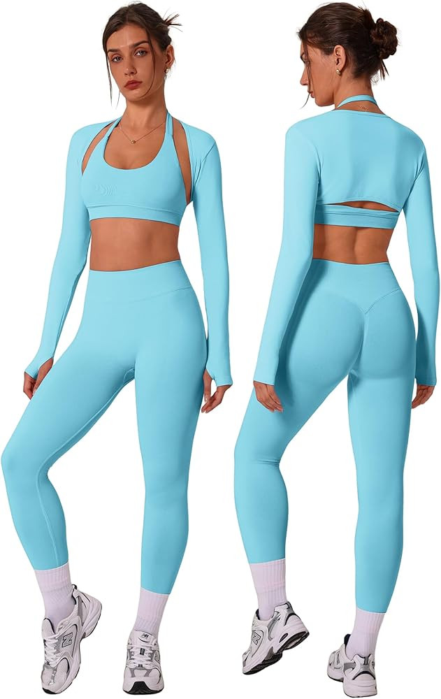 3 Piece Workout Sets for Women Seamless Halter Sports Bra High Waist Leggings Long Sleeve Shrug G... | Amazon (US)