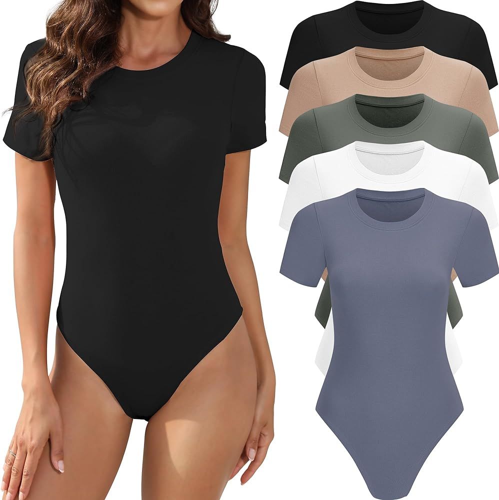 5 Pack Body Suits for Womens Short Sleeve Round Neck Casual Stretchy Basic T Shirt Bodysuit Tops | Amazon (US)