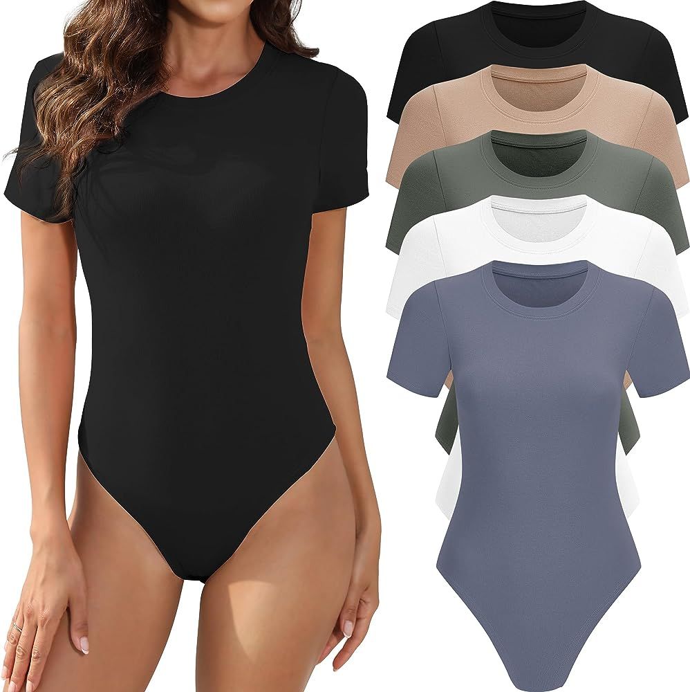 MLYENX 5 Pack Body Suits for Womens Short Sleeve Round Neck Casual Stretchy Basic T Shirt Bodysui... | Amazon (US)