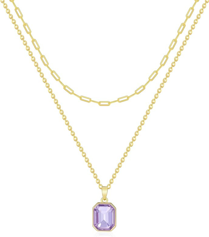 Gold Layered Necklaces for Women, 18k Gold Plated Crystal Necklace Paperclip Choker Emerald Green... | Amazon (US)