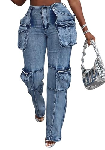 SHINFY Womens Cargo Pants Y2K High Waisted Washed Cargo Jeans Flap Pocket Baggy Denim Boyfriend Jeans | Amazon (US)
