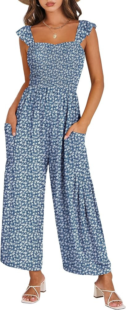 ANRABESS Jumpsuits for Women Dressy One Piece Summer Outfits Wide Leg Sleeveless Smocked Romper J... | Amazon (US)