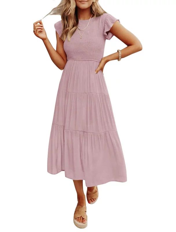 Inadays Women's Summer Dress Casual Midi Dress Flutter Short Sleeve Crew Neck Smocked Elastic Wai... | Walmart (US)