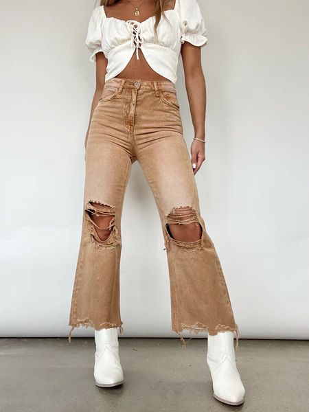 Brown Crop Flare Denim | Lane 201 Boutique