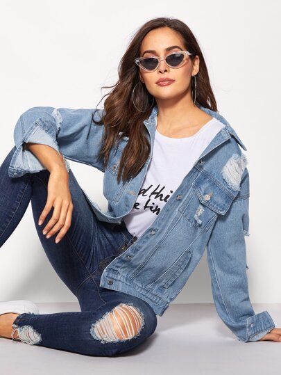 Ripped Drop shoulder  Denim Jacket | SHEIN