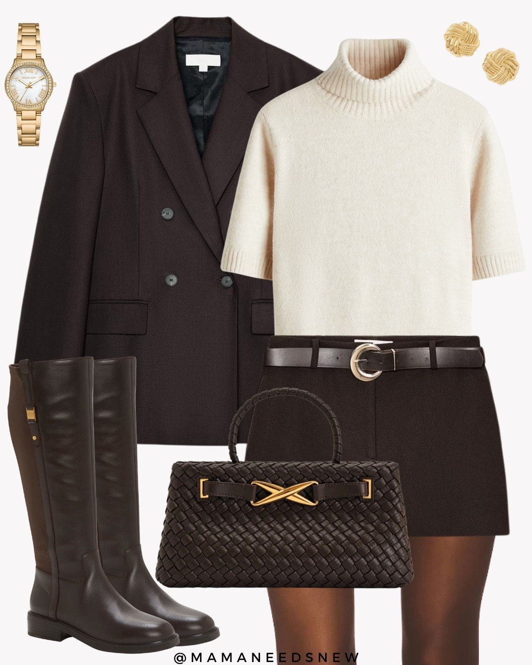 A fall outfit for Thanksgiving with a blazer, belted skort, turtleneck sweater tee, knee high boots, top handle bag 🤎

#LTKStyleTip #LTKHoliday #LTKSaleAlert