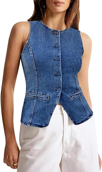 Tankaneo Womens Button Down Denim Vest Tops Sleeveless Fitted Jean Tank Tops Summer Trendy Casual... | Amazon (US)