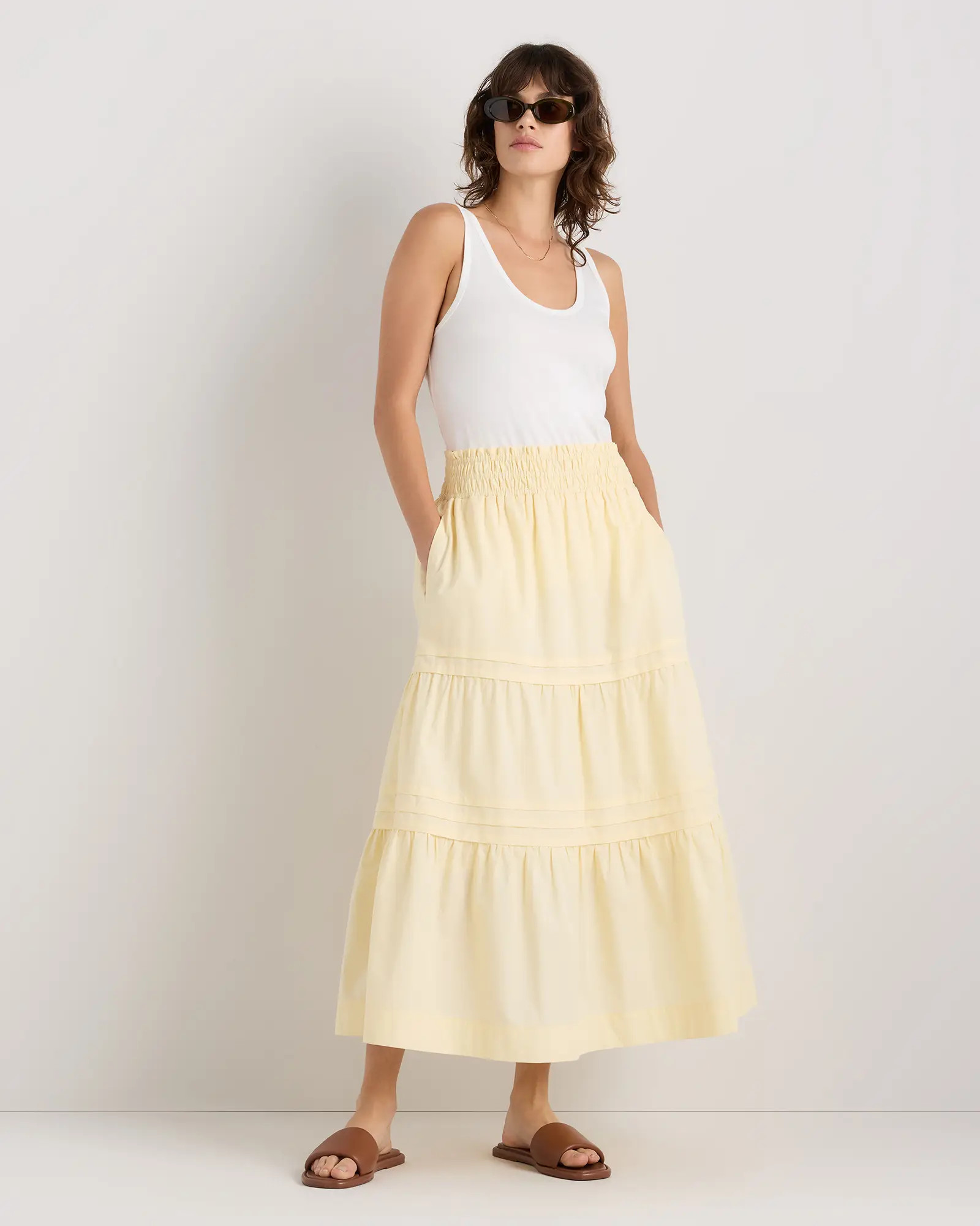 100% Organic Cotton Tiered Maxi Skirt in Pale Custard Yellow | Quince