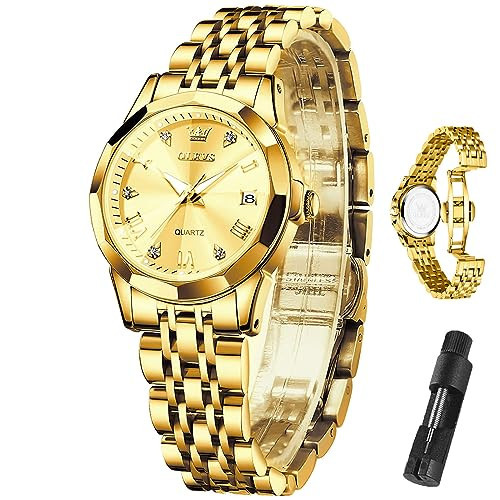 OLEVS Gold Womens Watch for Small Wrists Waterproof Stainless Steel Golden Watches for Women Elegant Diamond Analog Quartz Ladies Watches Reloj para Mujer | Amazon (US)