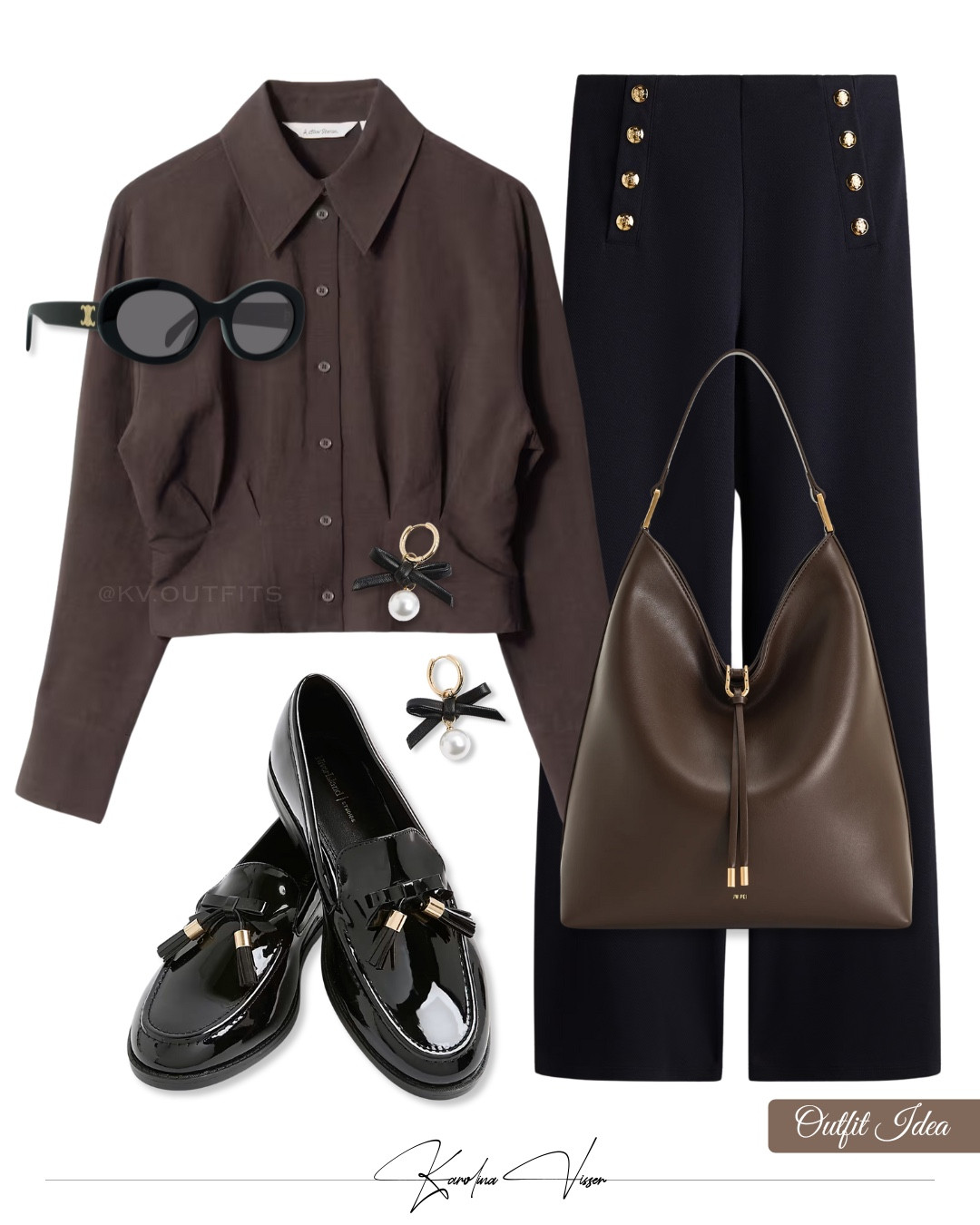 Classic Outfit 

Tags: brown shirt &other stories button front trousers h&m dark brown shoulder bag jw pei black oval sunglasses celine triomphe black patent loafers river island bow earrings timeless fashion workwear office look summer outfit 

#LTKstyletip #LTKworkwear #LTKsummer
