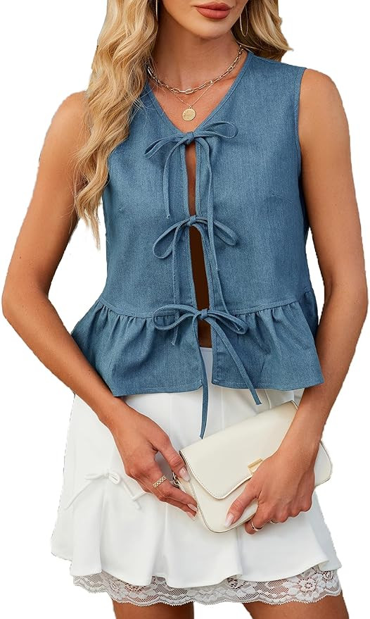 Women's Denim Vest Top Sleeveless V Neck Tie Front Jean Vest Summer 2025 Trendy Casual Waistcoat ... | Amazon (US)