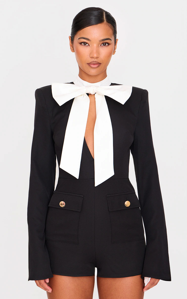 Black Woven Bow Tie Detail Romper | Dresses | PrettyLittleThing US