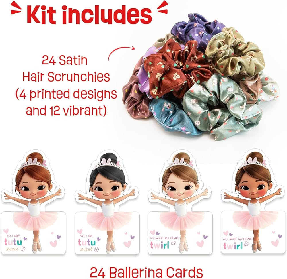 Valentines Day Gifts for Kids - 24 Pack Valentines Ballerina Cards with Hair Scrunchies - Valenti... | Amazon (US)