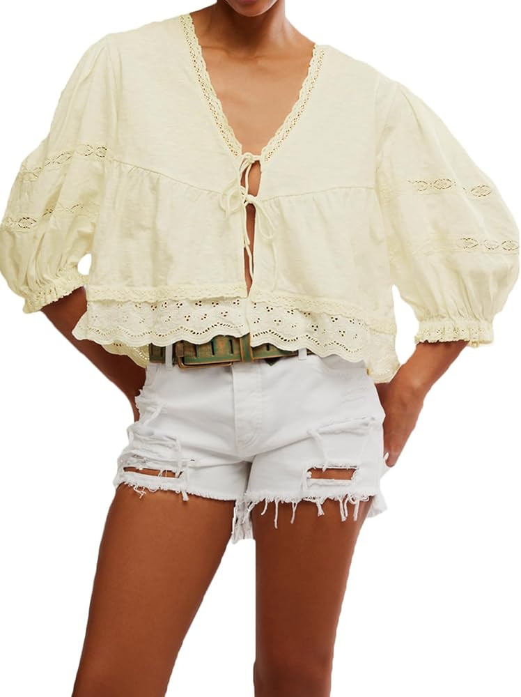 Boho Tie Front Blouse for Women Y2k Puff Sleeve Lace Embroidered Peplum Top Flowy Sheer Eyelet De... | Amazon (US)