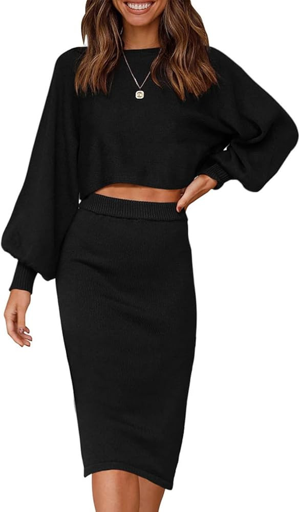 Amazon.com: ZESICA Women's Casual Two Piece Outfits Long Sleeve Ribbed Knit Top and Bodycon Midi ... | Amazon (US)