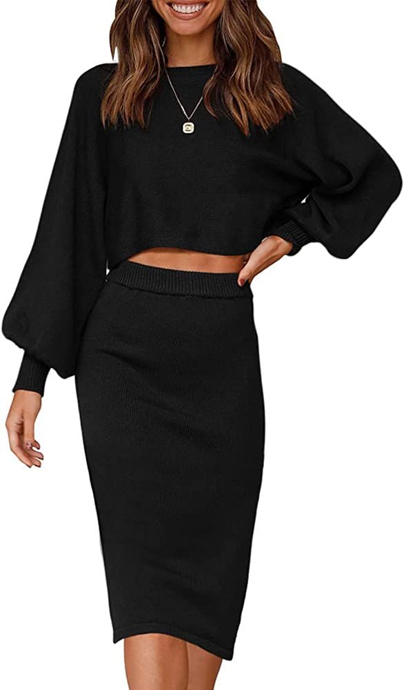 ZESICA Women's Casual Two Piece Outfits Long Sleeve Ribbed Knit Top and Bodycon Midi Skirt Oversi... | Amazon (US)