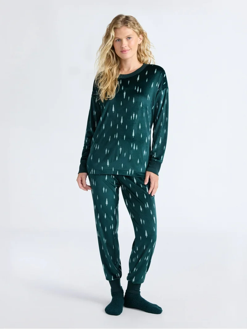 Joyspun Women’s Stretch Velour Long Sleeve Top, Pants, and Socks Pajama Set, 3-Piece, Sizes XS-... | Walmart (US)