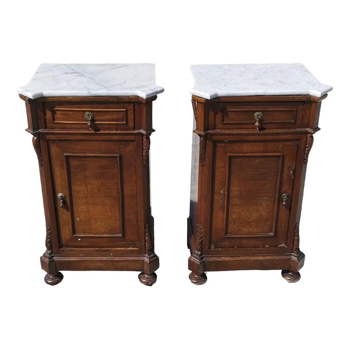 Walnut Veneered Nightstands with White Marble Top, Italy, 1890s, Set of 2 | Chairish