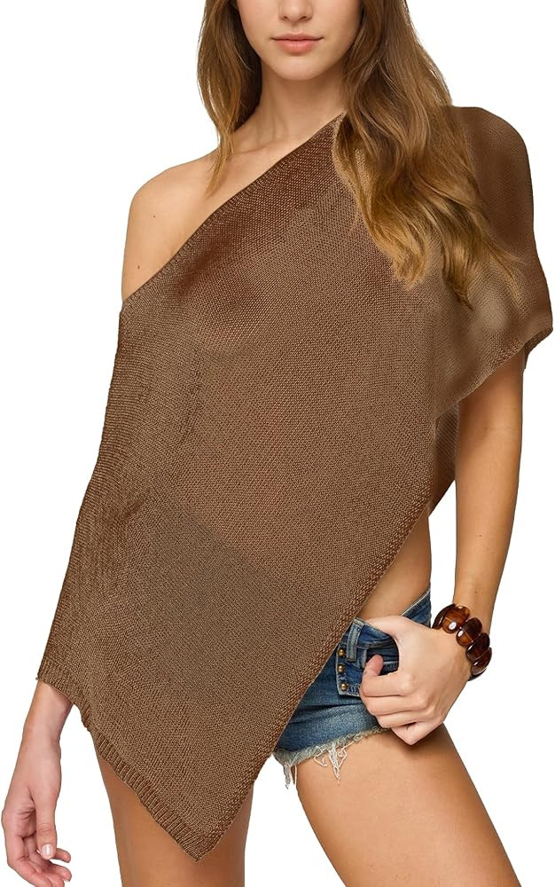 Women Cover Up One Shoulder Knit Asymmetric Shrug Pullover Sweater Trendy Beach Vacation Sheer Po... | Amazon (US)